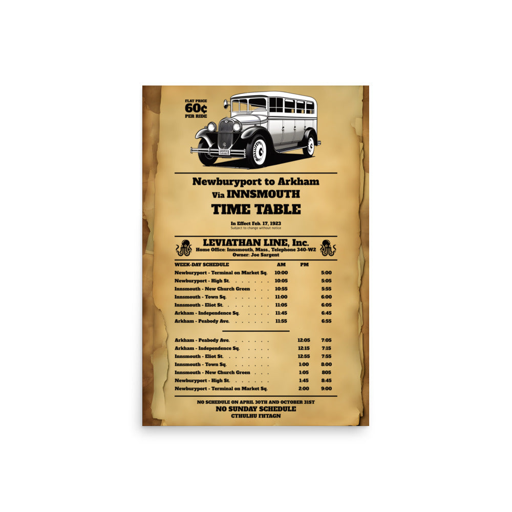 Innsmouth Bus Schedule Joe Sargent Poster