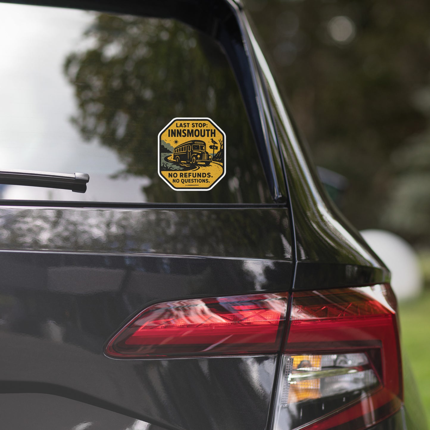Last Stop: Innsmouth – Vintage Transit Warning Sign Bubble-free stickers