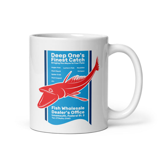 Deep One’s Finest Catch Innsmouth Fish Wholesaler White glossy mug