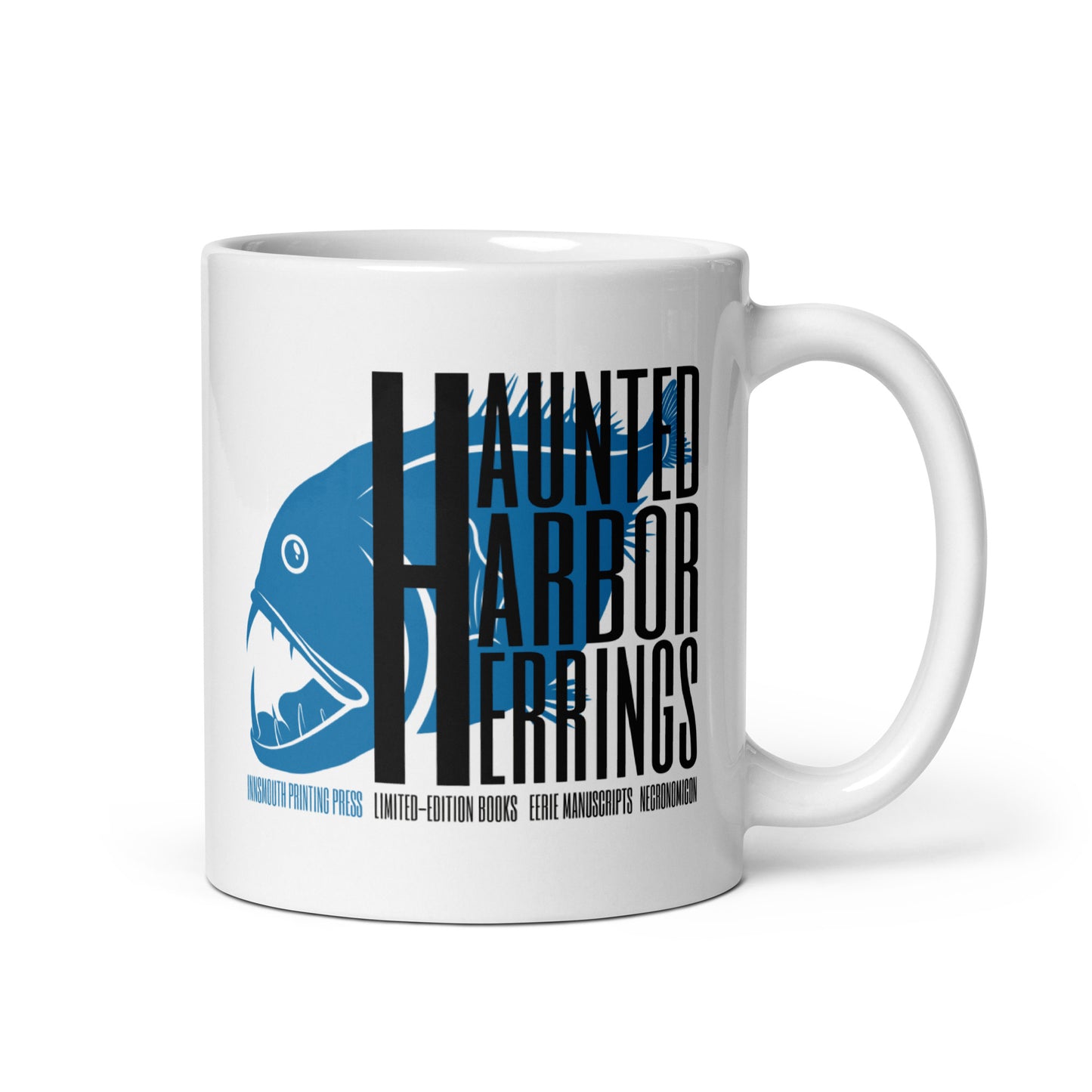 Haunted Harbor Herrings Printing Press Taza blanca brillante